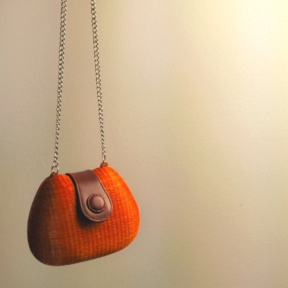 LE SAC | Handmade Mini Bag | Orange Straw | Brown Leather